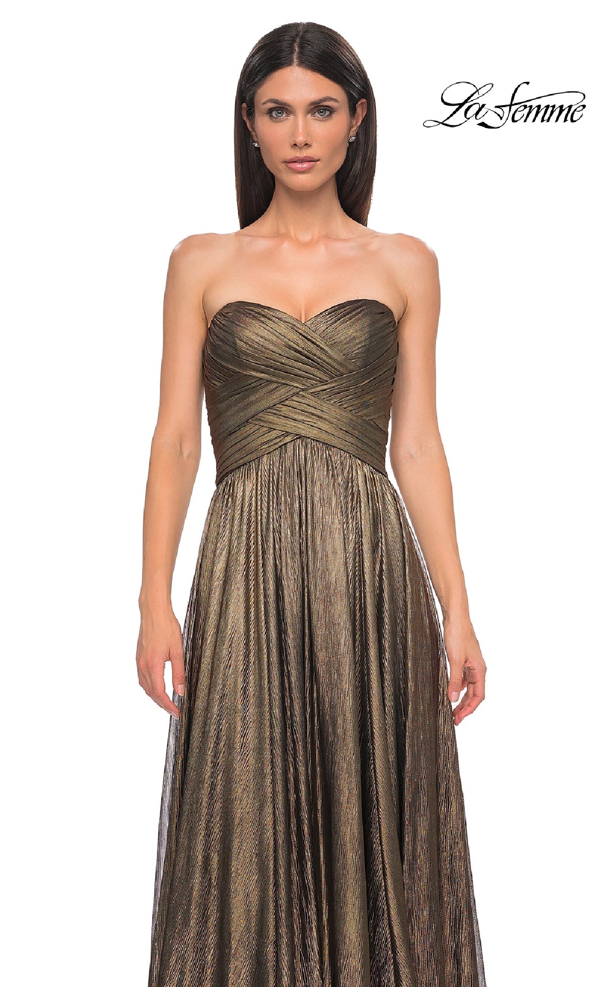 A woman models the La Femme 32382, a strapless long metallic prom dress with a ruched bodice and flowing skirt, standing against a white background. The La Femme logo appears in the top right corner.